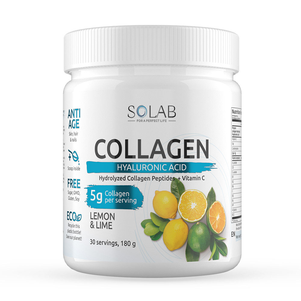 Купить Коллаген с витамином C и гиалуроновой кислотой, Коллаген SOLAB с витамином C и гиалуроновой кислотой лимон-лайм порошок 180 г