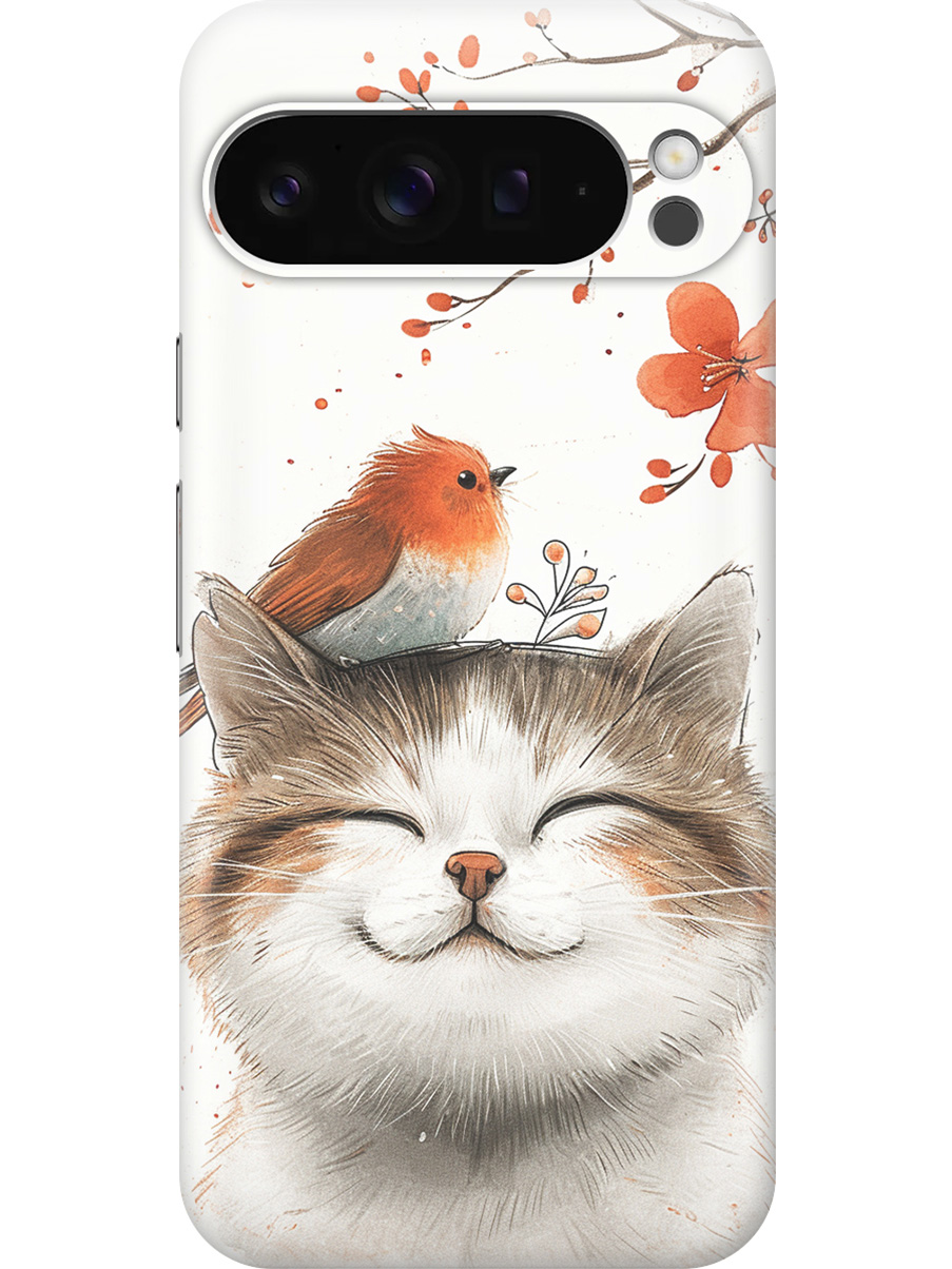 

Силиконовый чехол на Google Pixel 9 pro с принтом "Довольный котик и птичка", Прозрачный;белый;красный, 784810311