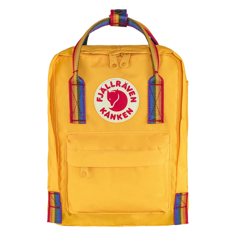 фото Рюкзак женский fjallraven kanken rainbow mini warm yellow-rainbow pattern, 29x20x13 см