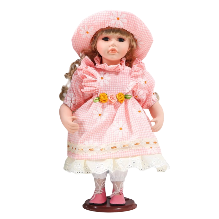 фото Кукла коллекционная керамика "маша в розовом платье в клетку с ромашками, в шляпке" 30 см nobrand