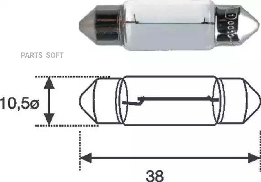 C10W 12MM_лампа (10W) 12V SV8.5-8 L=38 mm внутр. освещ., номерн.знака