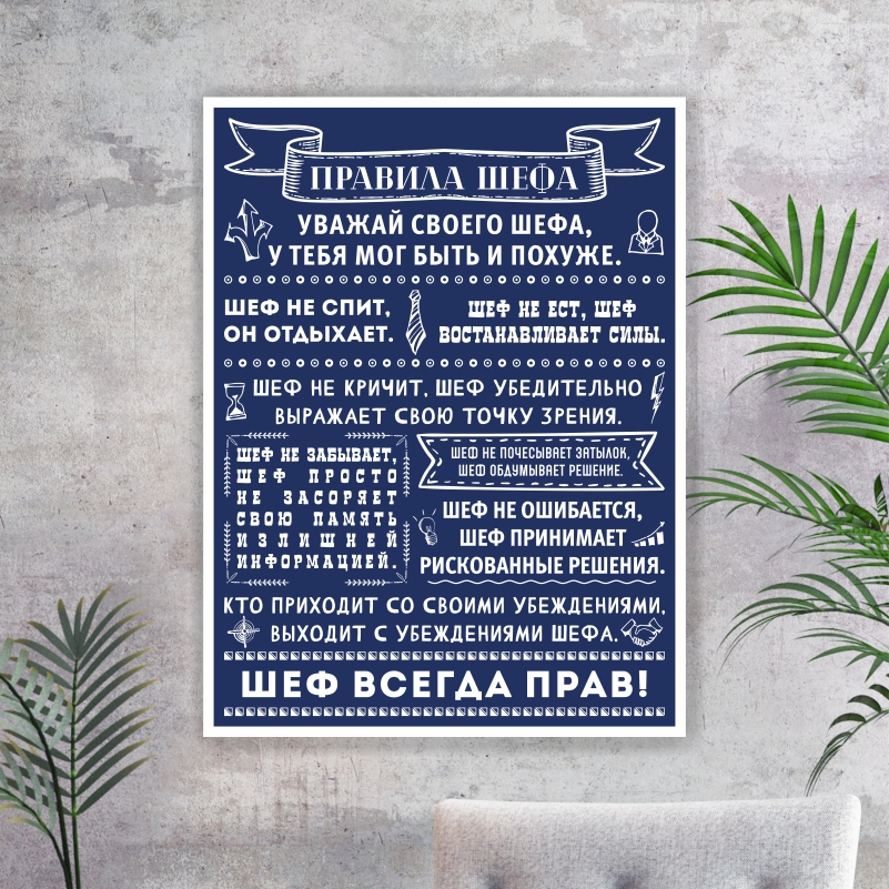 

Постер на стену ПолиЦентр Правила Шефа 30х40 см, ПравилаШефаСин