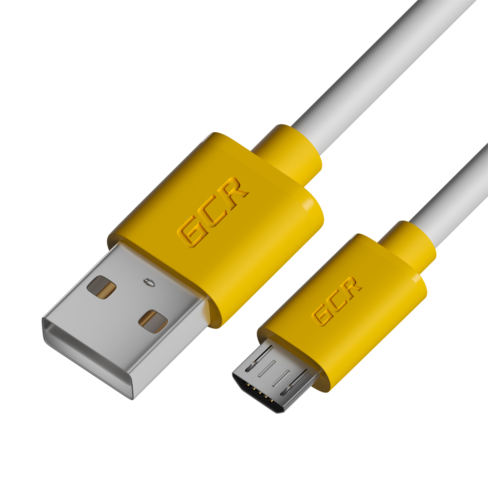 GCR Кабель 2м MicroUSB, белый, желтые коннекторы, быстрая зарядка, 28/24 AWG