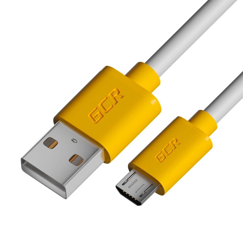 фото Gcr кабель 2м microusb, белый, желтые коннекторы, быстрая зарядка, 28/24 awg