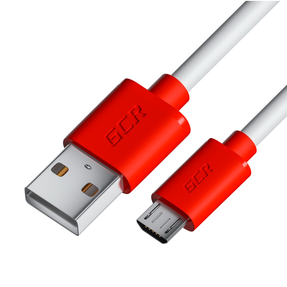 фото Gcr кабель 1.5м microusb, белый, красные коннекторы, быстрая зарядка, 28/24 awg