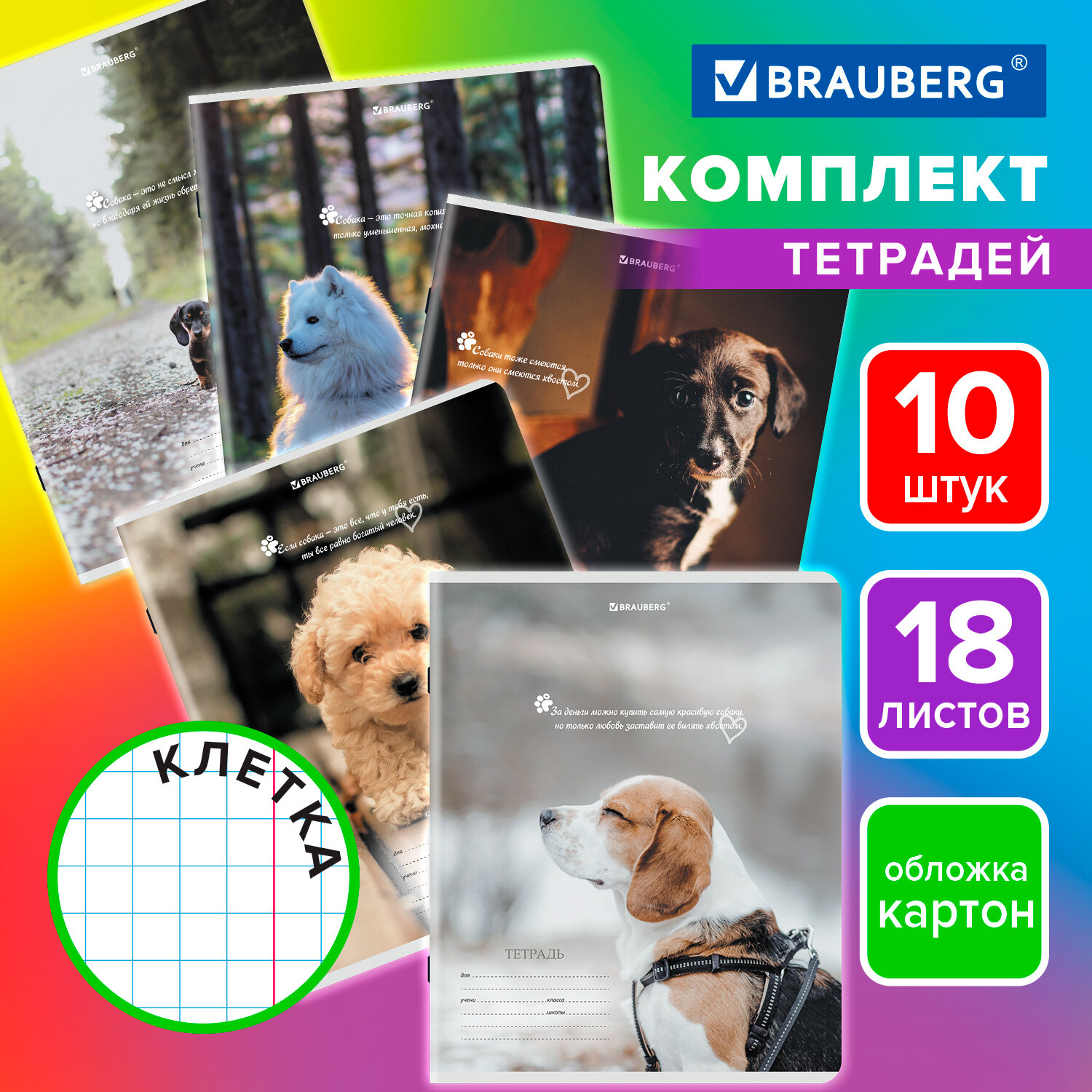 

Тетрадь Brauberg Щеночки, 106758, в клетку 18 листов для школы набор 10 шт, обложка картон, 750