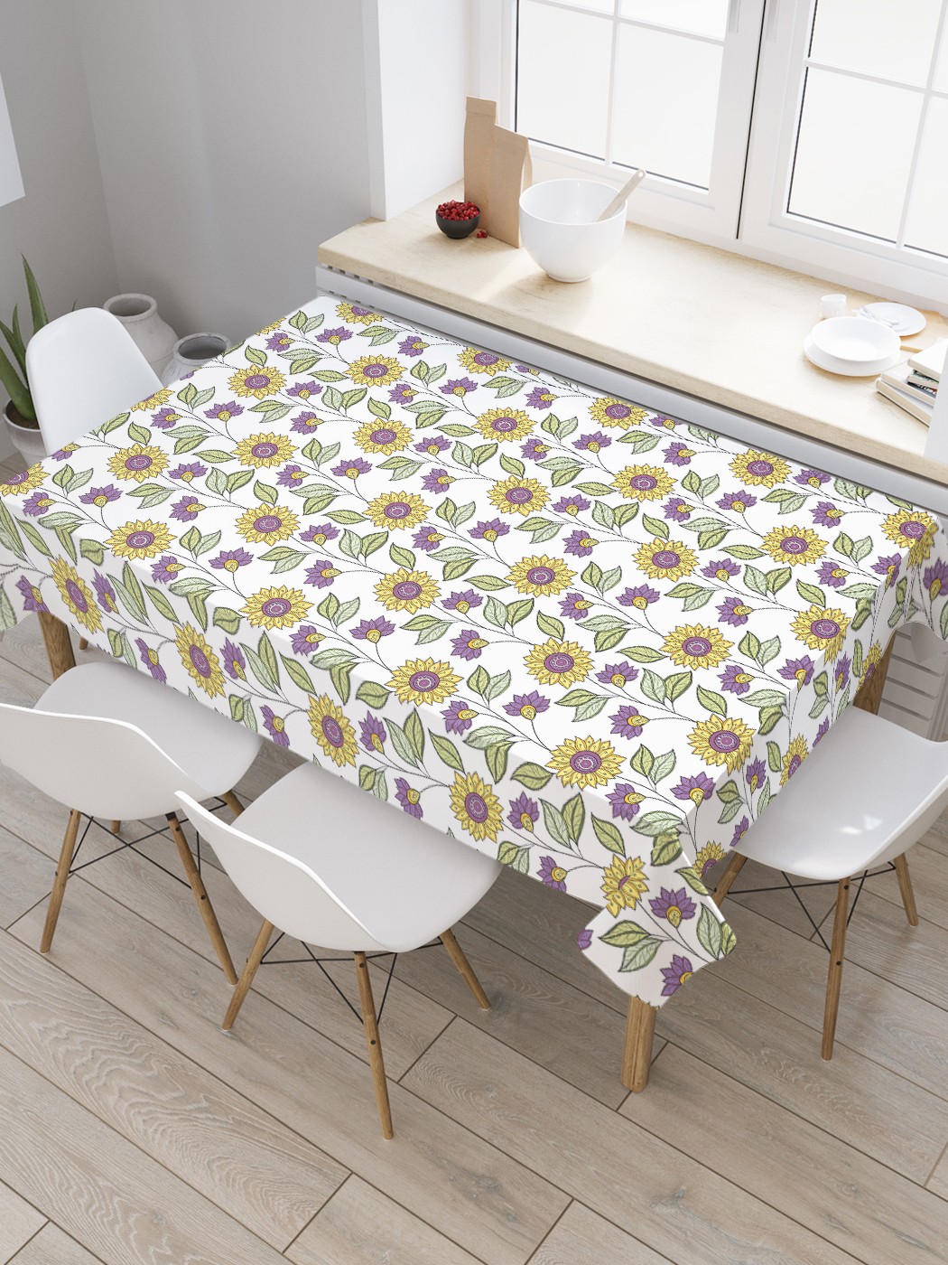 

Скатерть прямоугольная JoyArty "Орнамент в подсолнухах" из оксфорда, 120x145 см, Белый, Орнамент в подсолнухах
