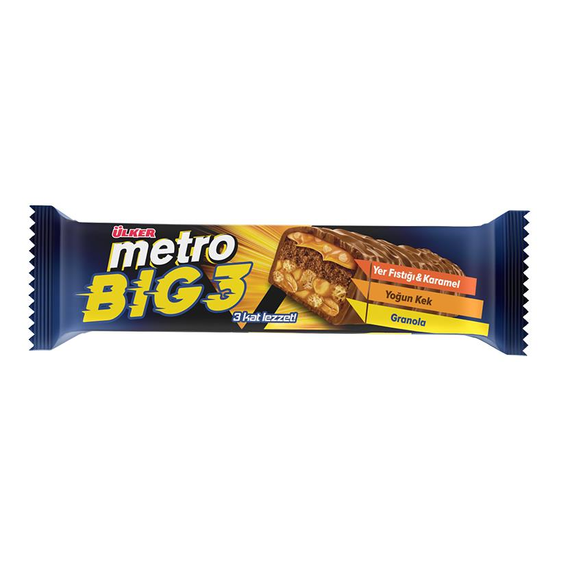 Батончик ulker Metro Big 3 с карамелью арахисом жареным рисом и бисквитом в шоколаде, 45 г