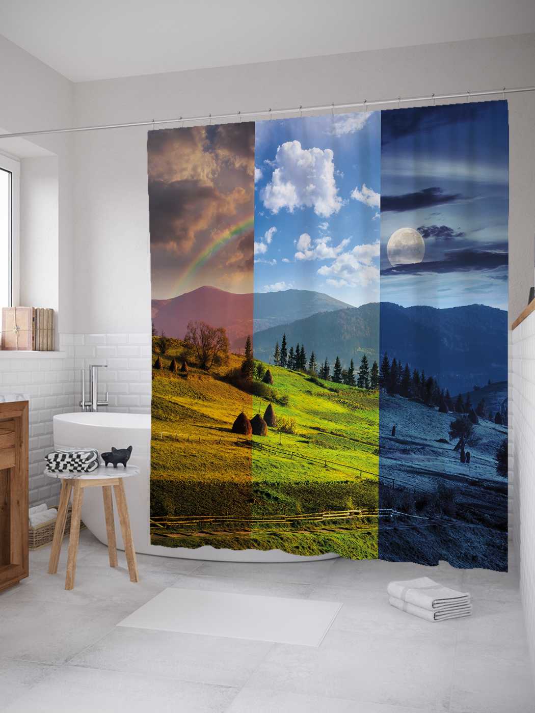 

Штора (занавеска) JoyArty для ванной "Три сезона" из сатена, 180х200 см с крючками