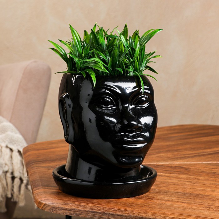 фото Горшок для цветов "голова африканки", глянец, чёрное, керамика, 1.4 л керамика ручной работы