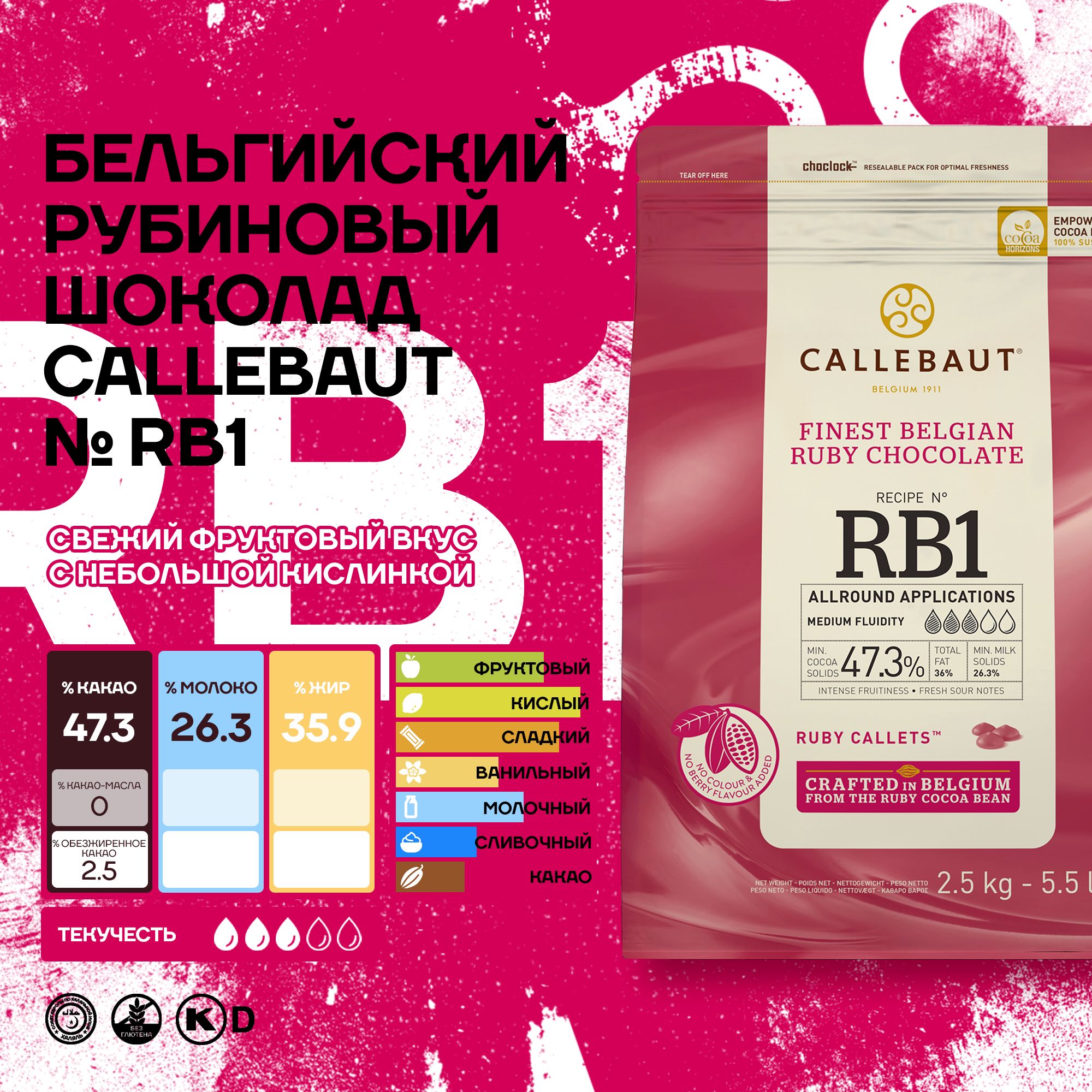 Бельгийский рубиновый шоколад Callebaut Ruby 4*2,5 кг