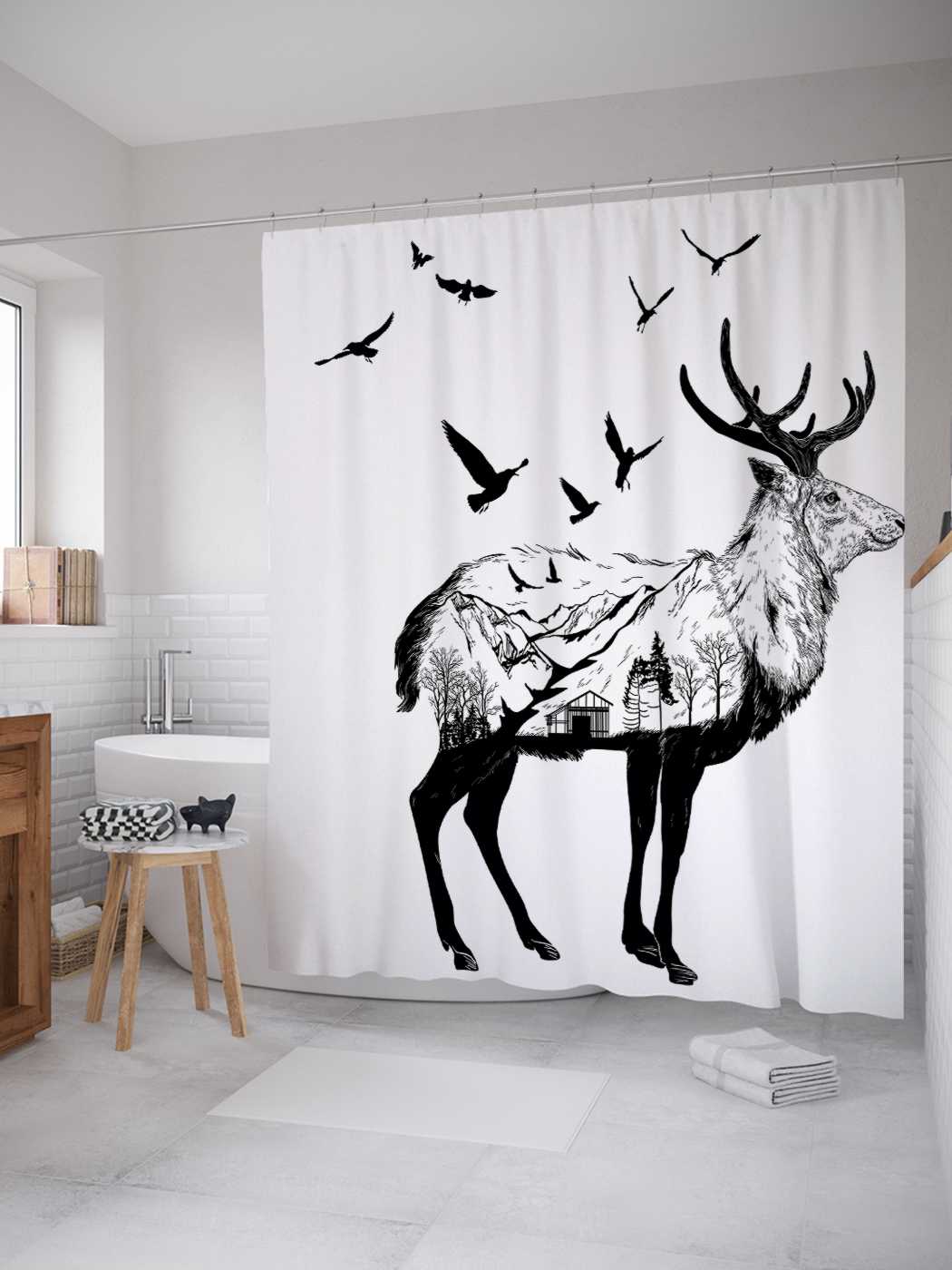 

Штора (занавеска) JoyArty для ванной "Олений рисунок" из сатена, 180х200 см с крючками