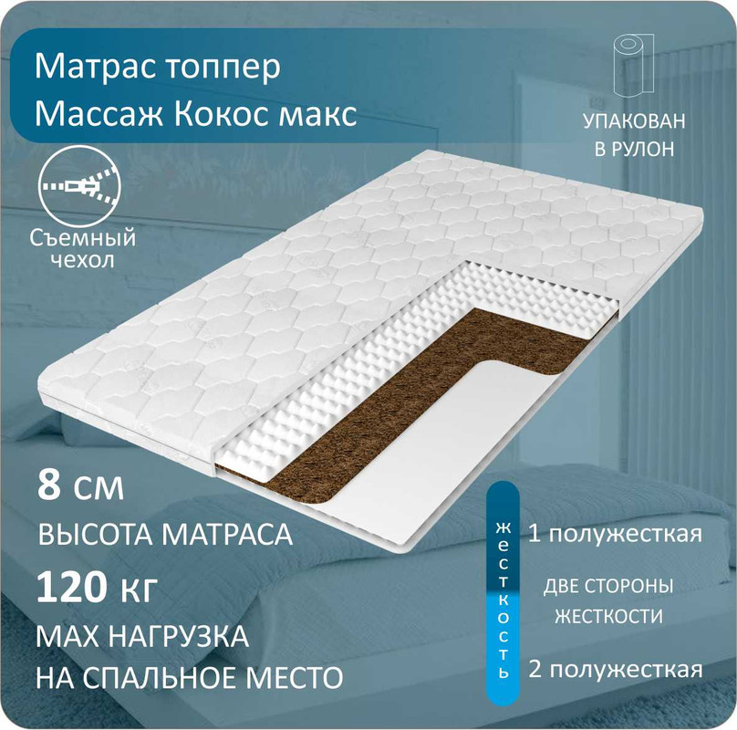 

Матрас-топпер Anriz Топпер Массаж Кокос макс 80x190, Белый, ТопперМассажКокосМакс