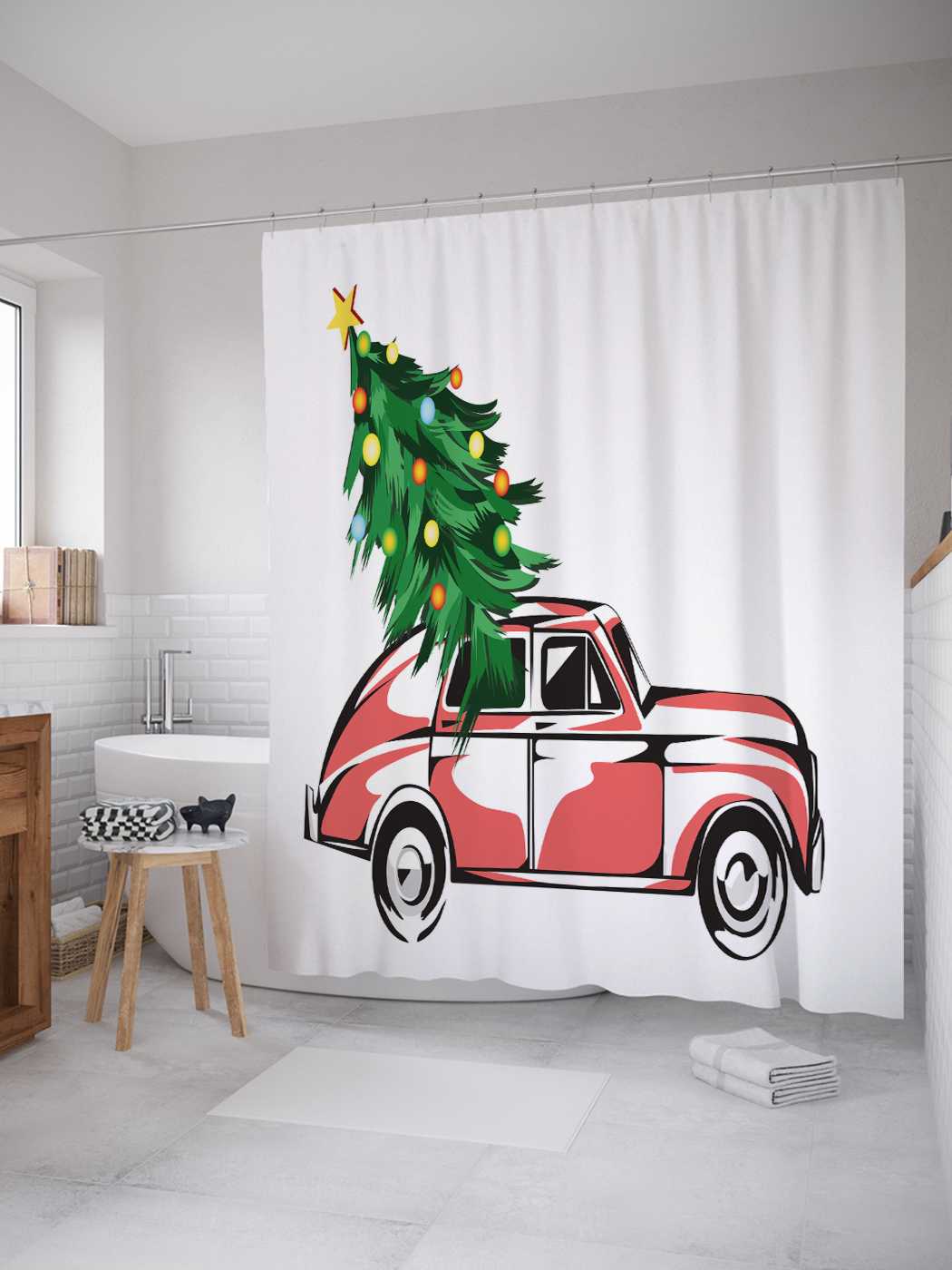 

Штора (занавеска) JoyArty для ванной "Ель на машине" из сатена, 180х200 см с крючками, Бежевый