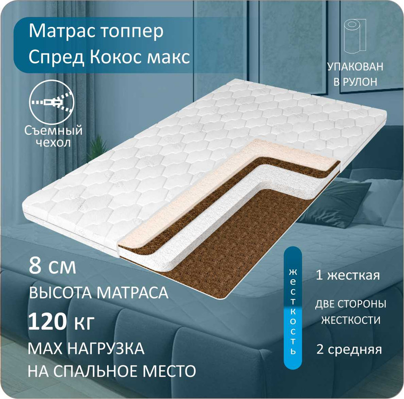 

Матрас-топпер Anriz Спред Кокос макс 150x190, Белый, СпредКокосМакс