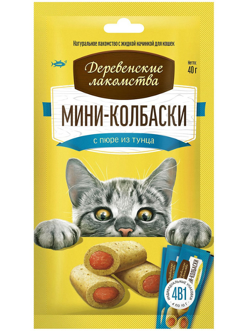 фото Лакомство для кошек деревенские лакомства мини-колбаски , тунец, 4 шт, 40 г