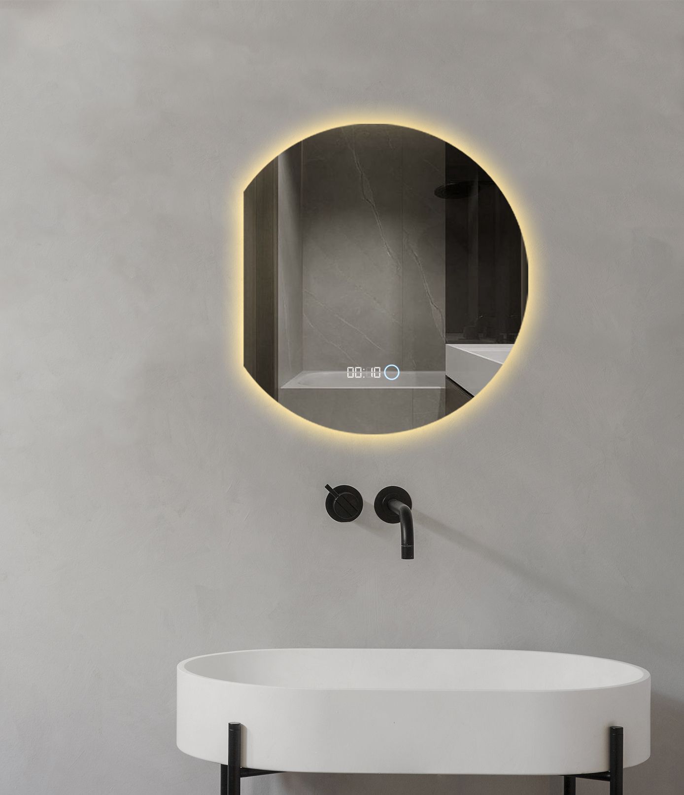 Зеркало для ванной Eclipse 90*80 круглое с часами с левым срезом с тёплой LED-подсветкой