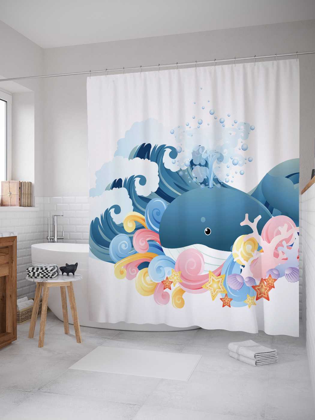 

Штора JoyArty для ванной "Кит в красочном море" из сатена, 180х200 см с крючками, Серый