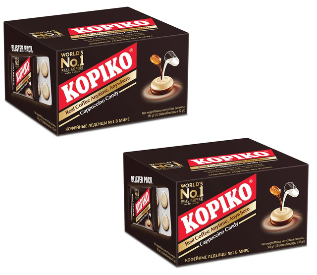 Леденцы Kopiko кофейные Cappuccino Candy, 12 блистеров, 384 г х 2 шт