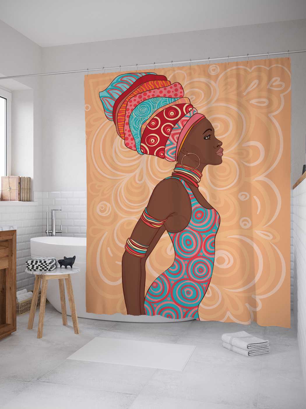 

Штора (занавеска) JoyArty для ванной "Мода африканок" из сатена, 180х200 см с крючками, Голубой