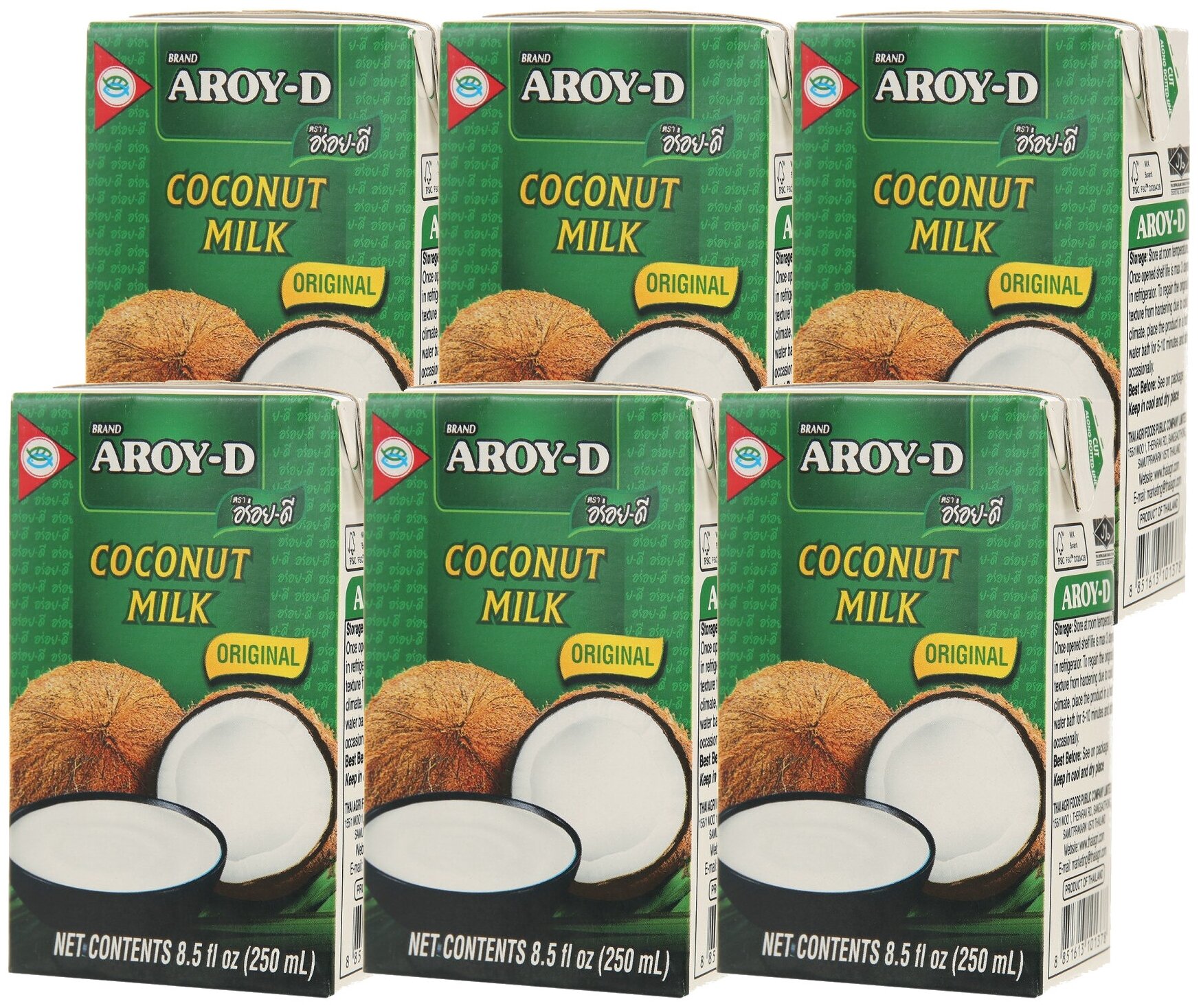 Кокосовое молоко Aroy-d 70% жирность 17-19%, 250 мл 6 шт.