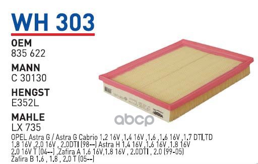 

Фильтр Воздушный Opel Astra G/H/Zafira A/B 1.4/1.6/2.0L Wunder Filter Wh303 1Шт