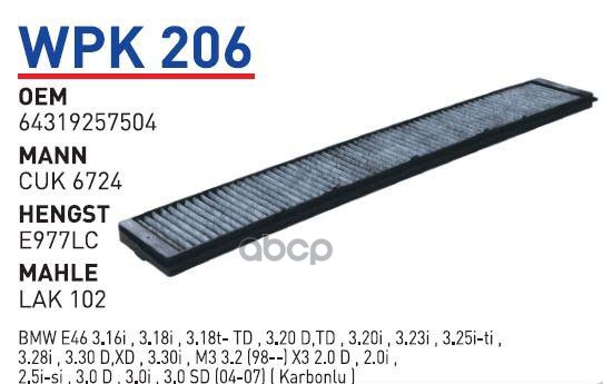 

Фильтр Салонный (Угольный) Bmw E46/E83 X3 98-> Угольный Wunder Filter Wpk206 1Шт