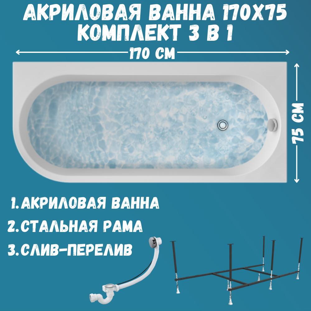 Ванна акриловая 1MARKA ALISA 170х75 набор 3в1: ванна, каркас, слив 01али1775пкс2+ белый