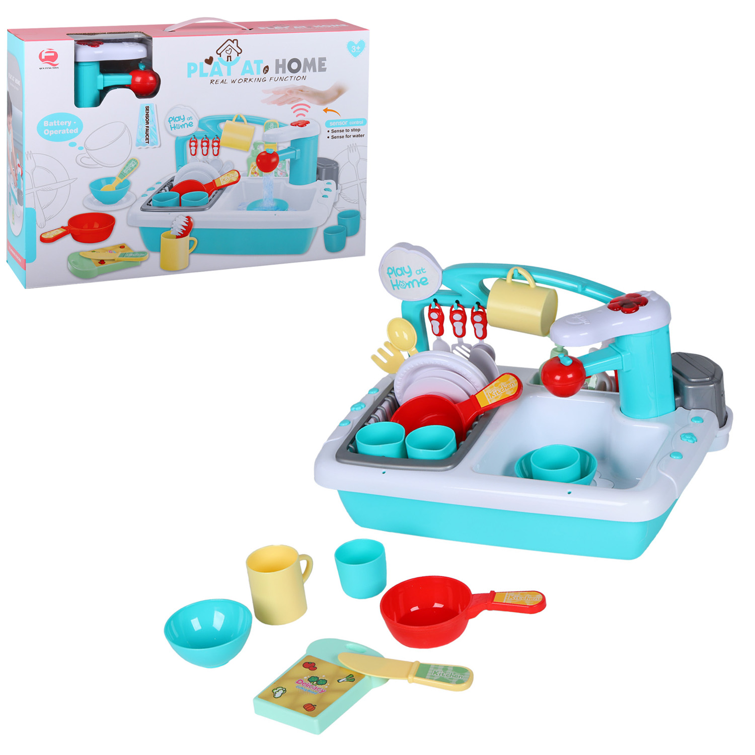фото Детская кухня qun feng toys раковина с водой, посуда, столовые приборы, голубой jb0209149 amore bello
