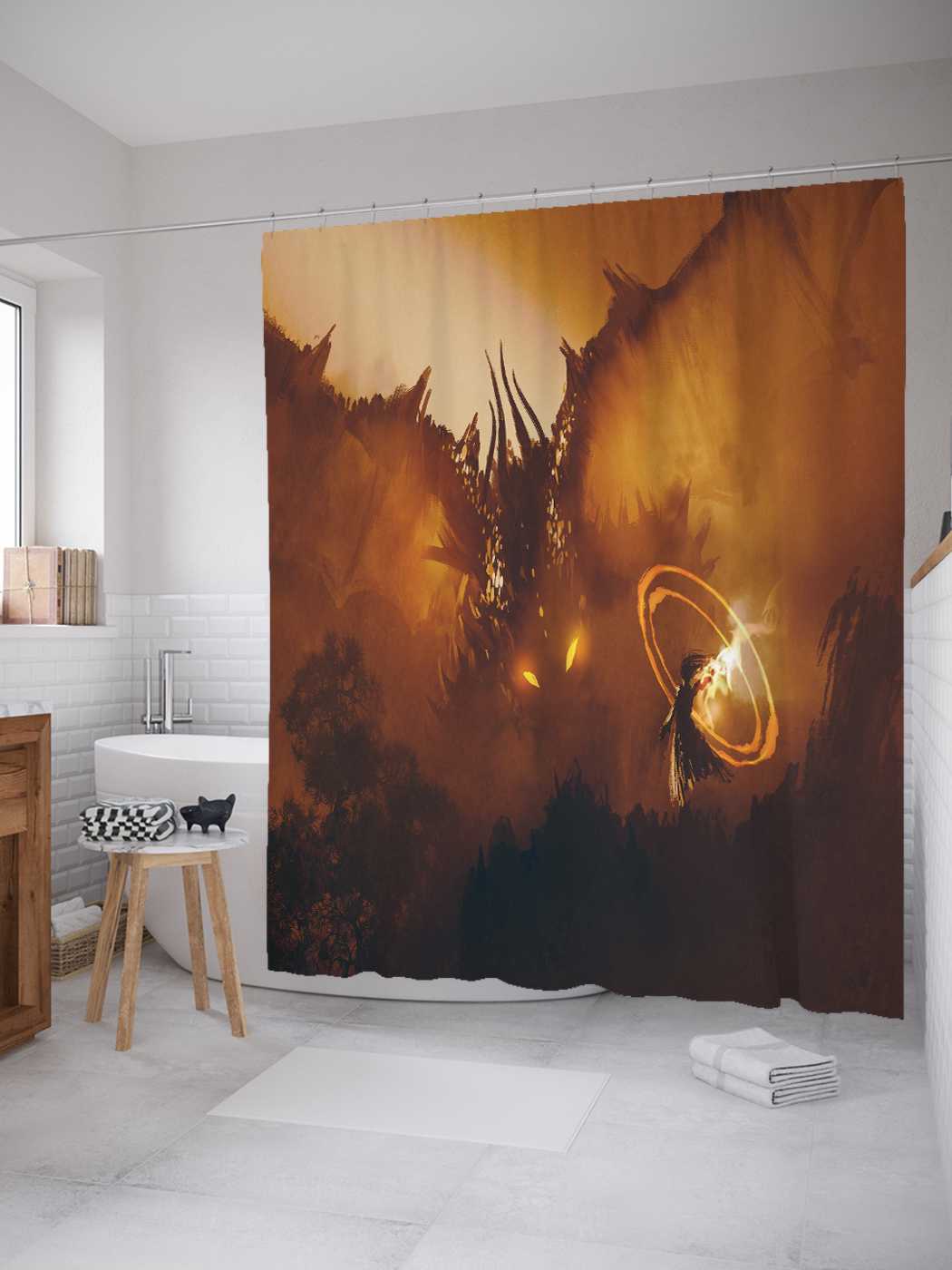 

Штора (занавеска) JoyArty для ванной "Бой с чудовищем" из сатена, 180х200 см с крючками