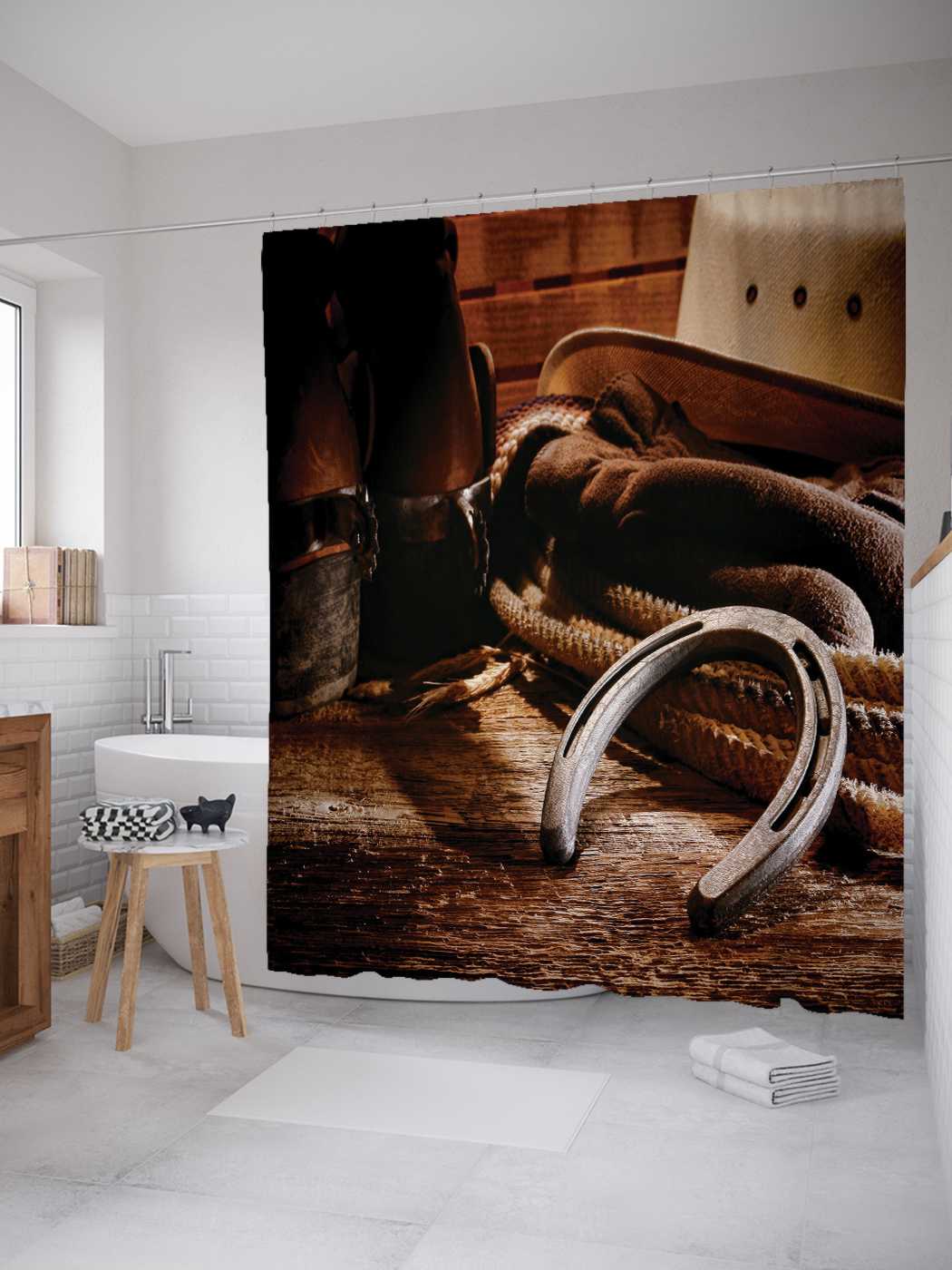 фото Штора (занавеска) joyarty для ванной "ковбойская обувь" из сатена, 180х200 см с крючками