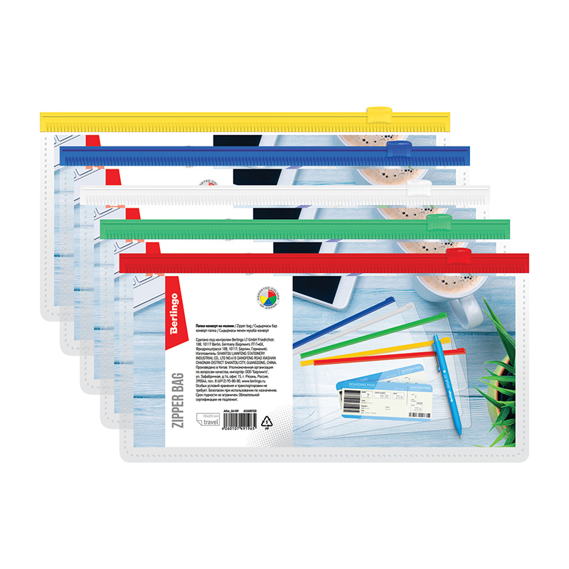 

Папка-конверт на молнии Berlingo 255*130мм 150мкм прозрачная ассорти для ж/д билетов, Прозрачный