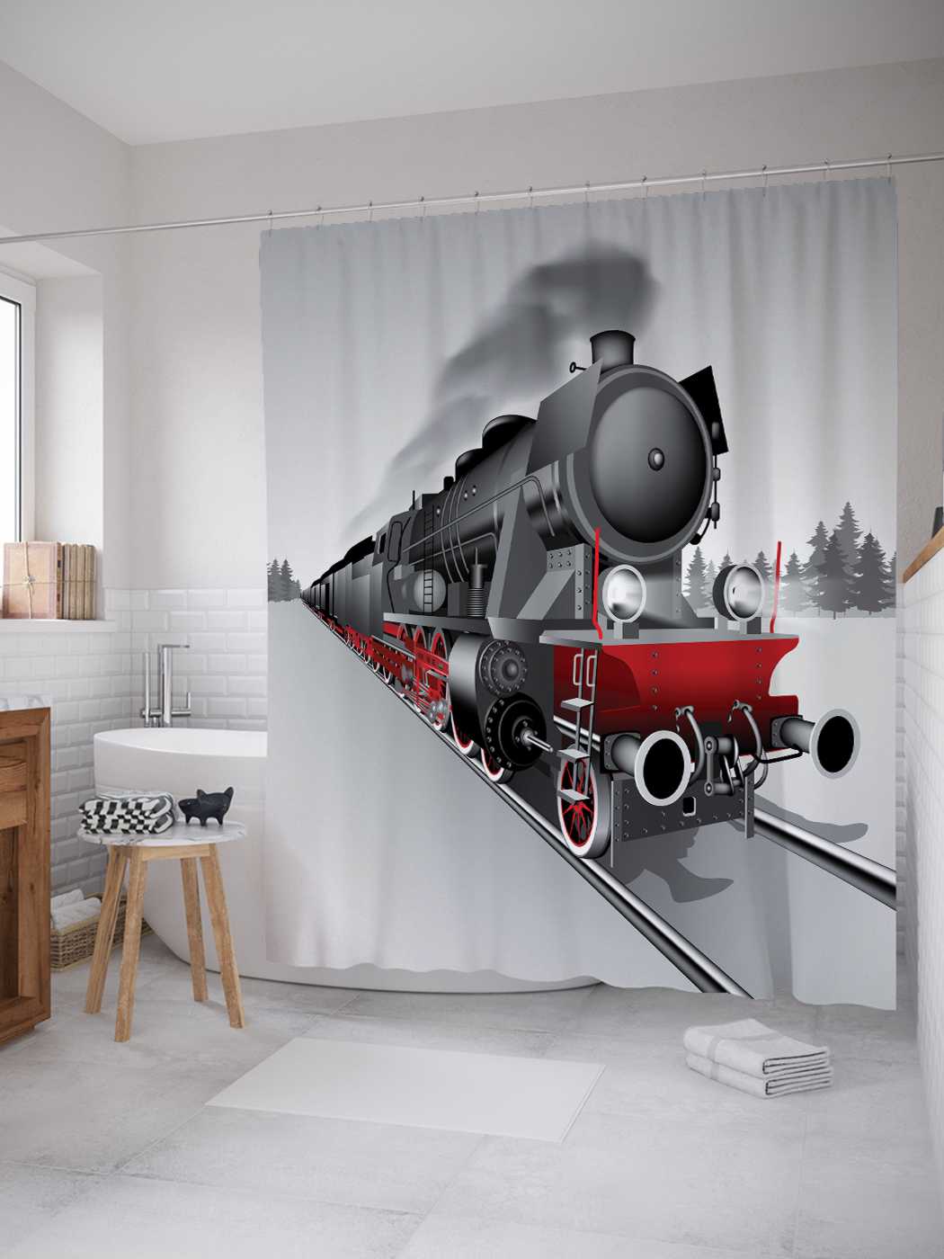 

Штора (занавеска) JoyArty для ванной "Старый паровоз" из сатена, 180х200 см с крючками, Серый