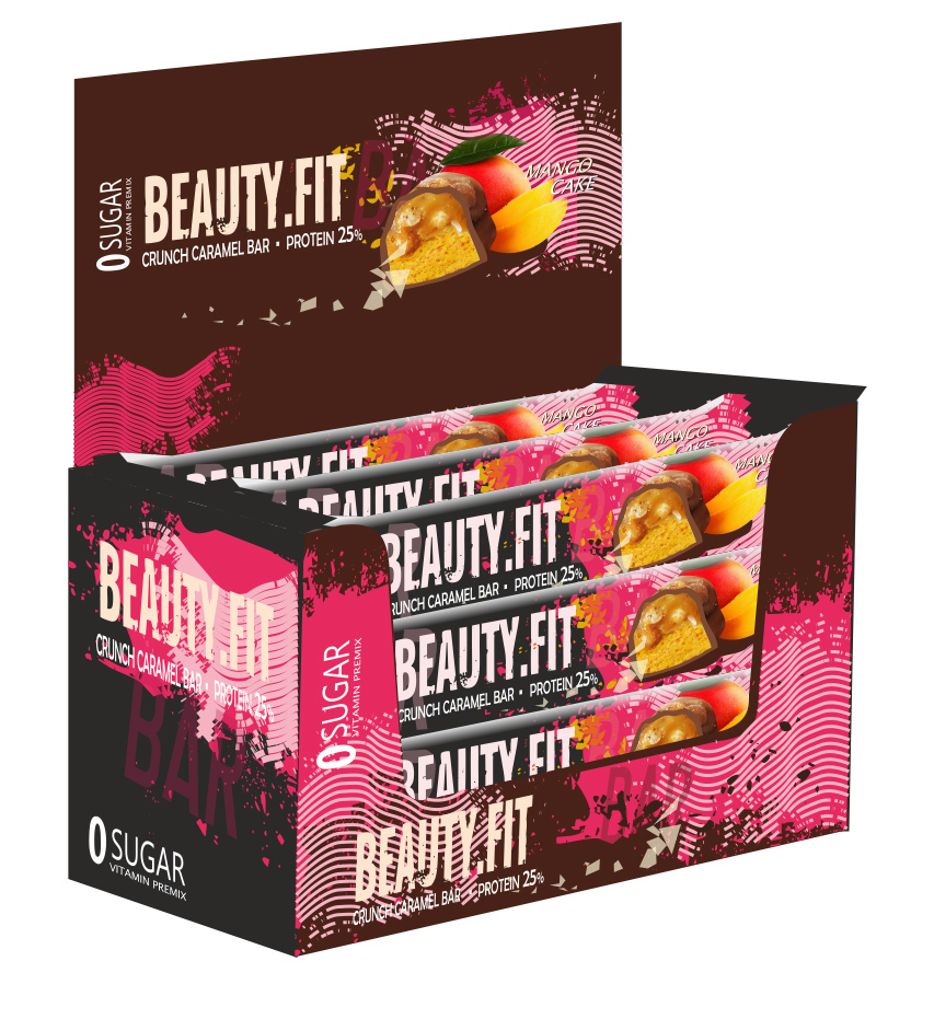 фото Батончик beauty.fit, nuts&caramel protein bar, 12шт по 60г (манговое пироженое) beauty fit