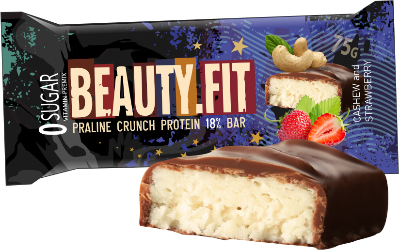 фото Протеиновый батончик beauty.fit, praline crunch protein bar, 12шт по 75г (кешью-клубника) beauty fit