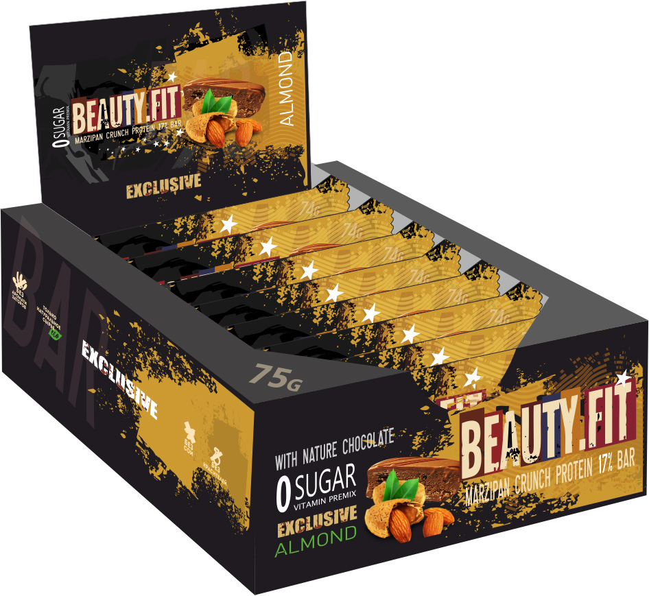 фото Протеиновый батончик beauty.fit, praline crunch protein bar, 12шт по 75г (марципан) beauty fit