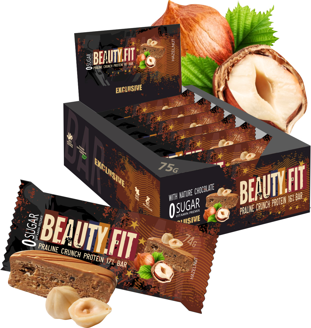 фото Протеиновый батончик beauty.fit, praline crunch protein bar, 12шт по 75г (фундук) beauty fit