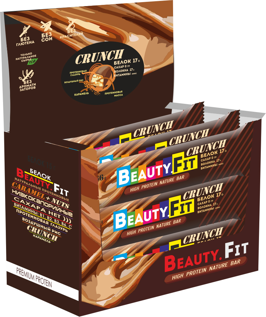 фото Батончик beauty.fit, high protein nature bar, 15шт х 66г (карамель-воздушный рис) beauty fit