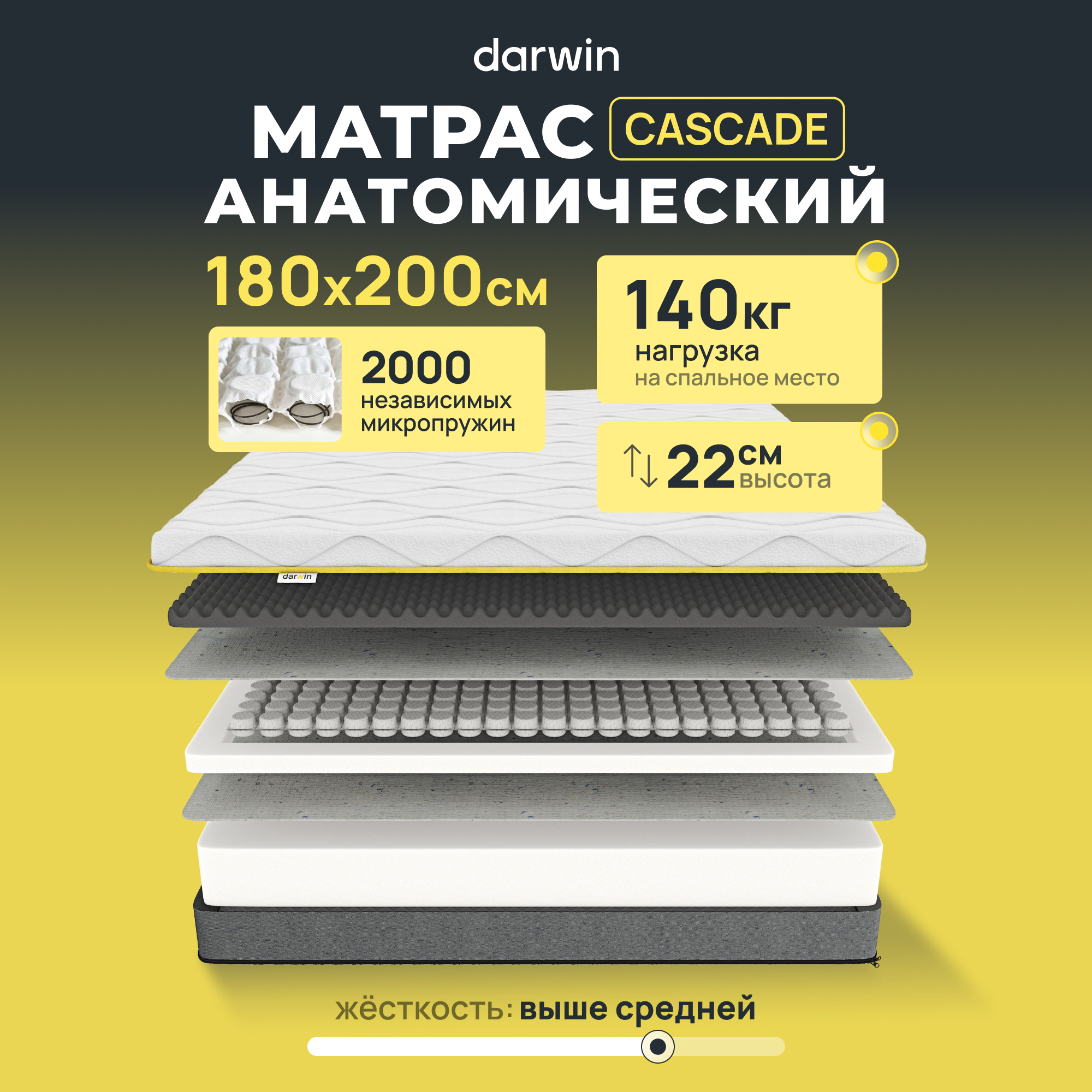 Ортопедический Матрас Darwin Cascade 180х200, независимые пружины, 22 см высота, белый