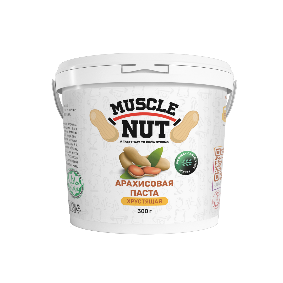 Арахисовая паста Muscle Nut хрустящая, без сахара, натуральная, высокобелковая, 300 г