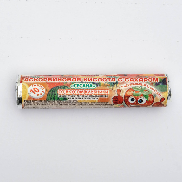 

Аскорбиновая кислота с сахаром Сесана, со вкусом клубники, 10 шт. по 2,9 г 2 шт