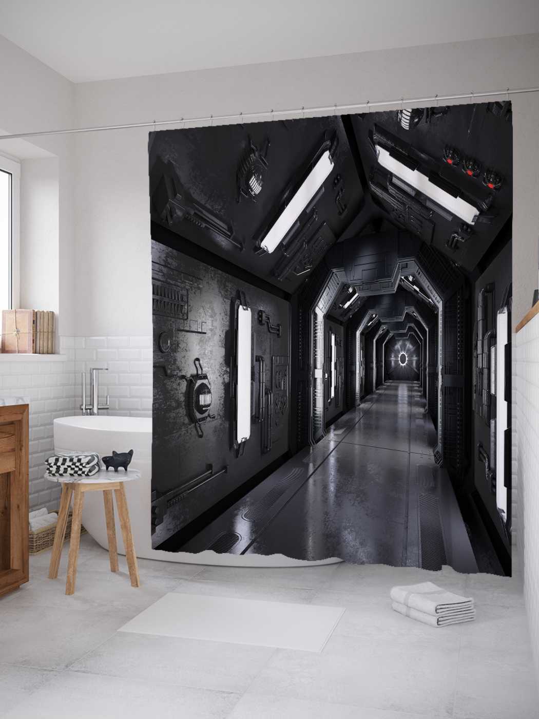 

Штора JoyArty для ванной "Металлический тоннель" из сатена, 180х200 см с крючками, Голубой