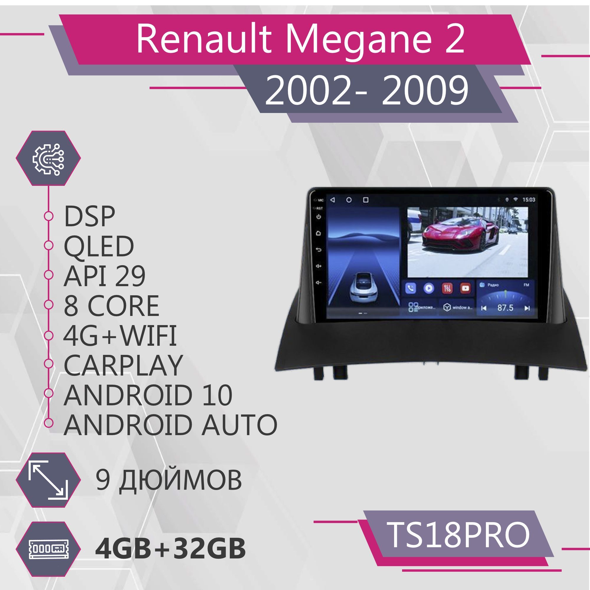 

Штатная магнитола TS18Pro/4+32GB/ для Renault Megane 2/ Рено Меган 2 магнитола Android 10, TS18PROMegane2