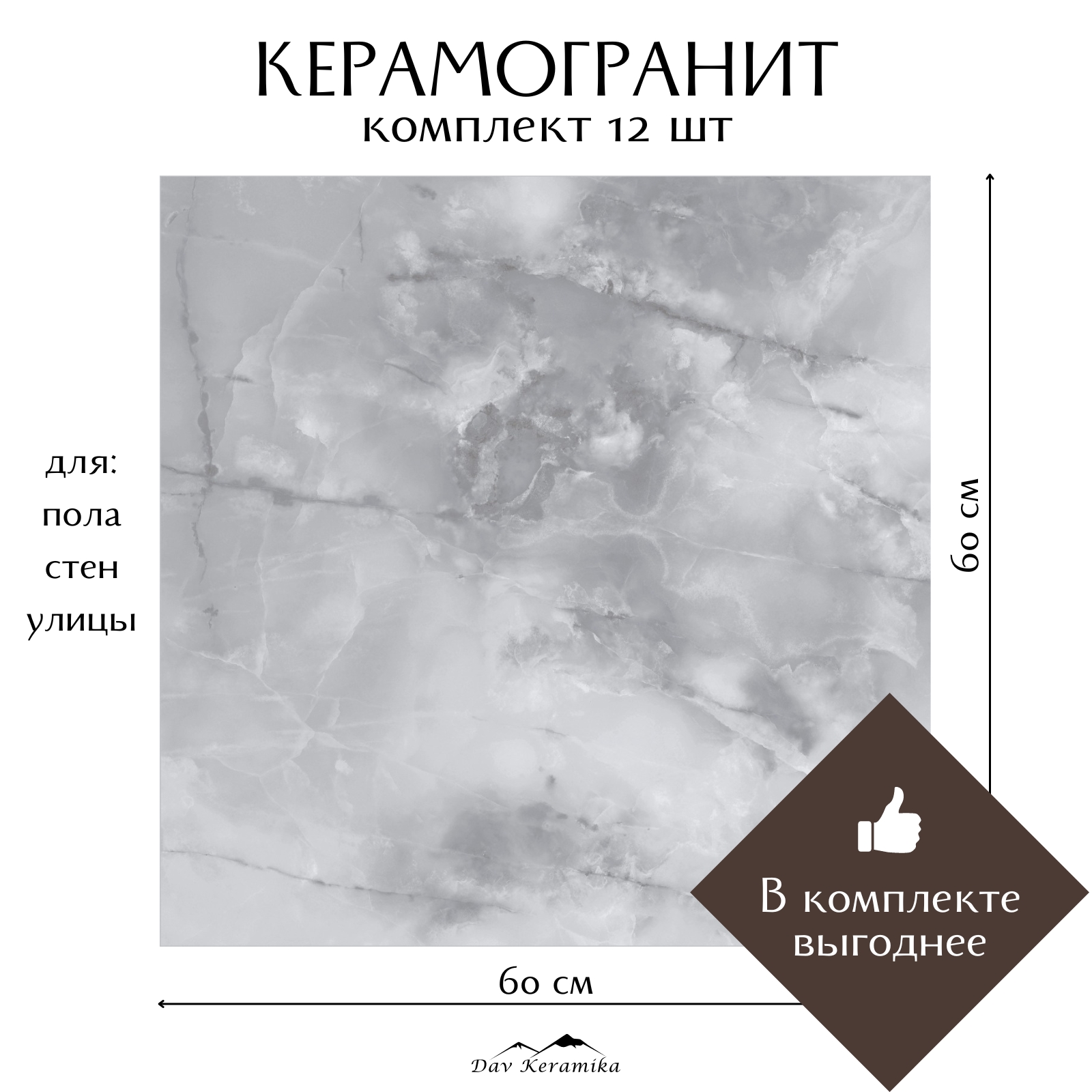 Керамогранит на пол и на стену Davkeramika Neo Orion Ice 60x60 полированный 4,32м2