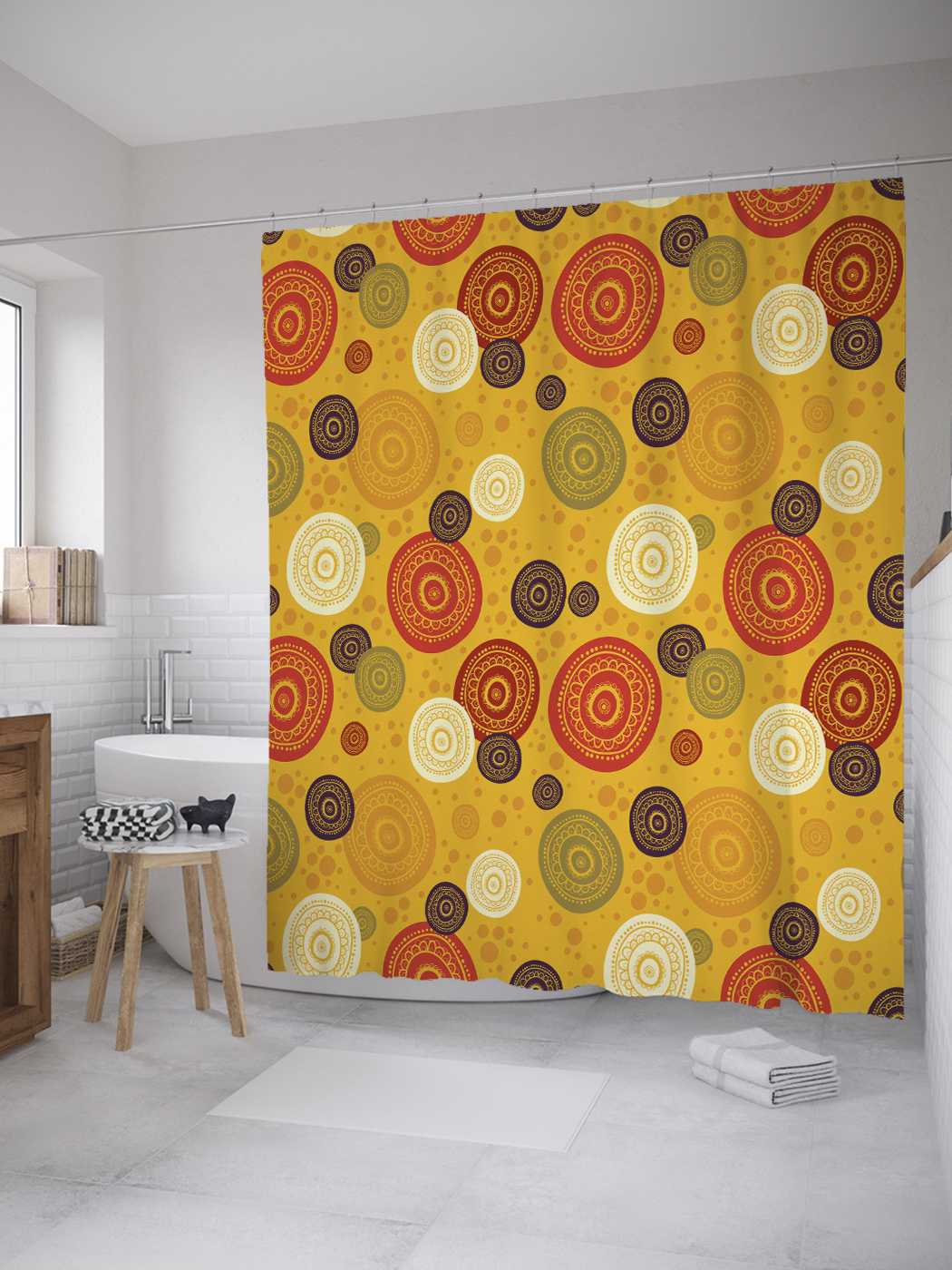 

Штора JoyArty для ванной "Цветные узорные диски" из сатена, 180х200 см с крючками