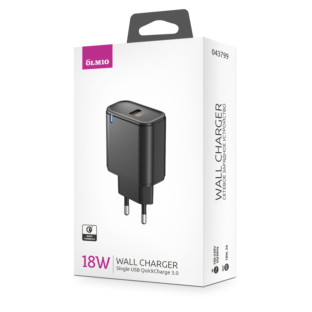 

Сетевое зарядное устройство Olmio 1xUSB 3 А черный, 043799