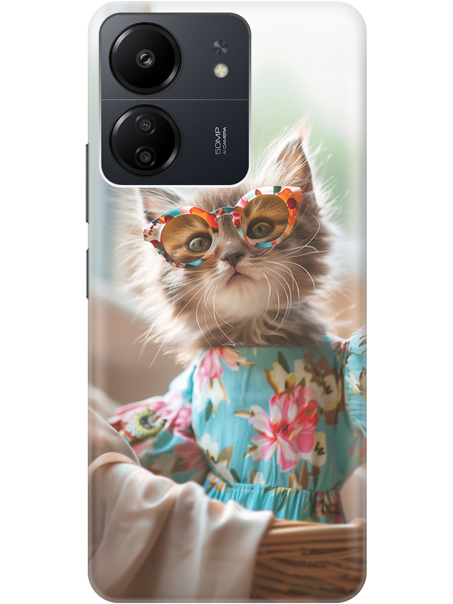 

Силиконовый чехол на Xiaomi Redmi 13C, Poco C65 с рисунком "Кошечка в голубом платье", Белый;голубой;серый, 20001464