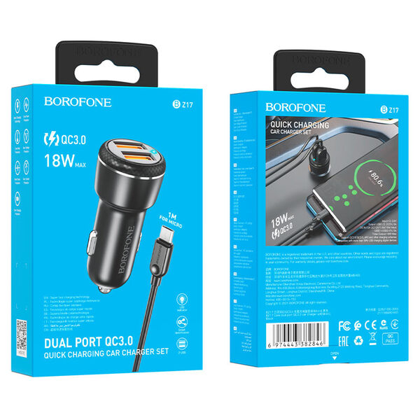 

Автомобильное зарядное устройство с 2 USB Borofone, BZ17, 18W,+ кабель Micro черный