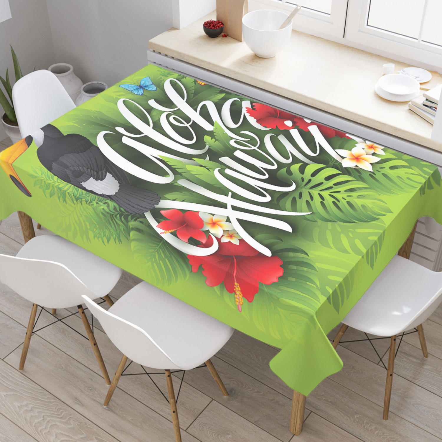 

Скатерть прямоугольная на кухонный стол JoyArty "Гавайский тукан" из оксфорда, 120x145 см, Зеленый, Гавайский тукан