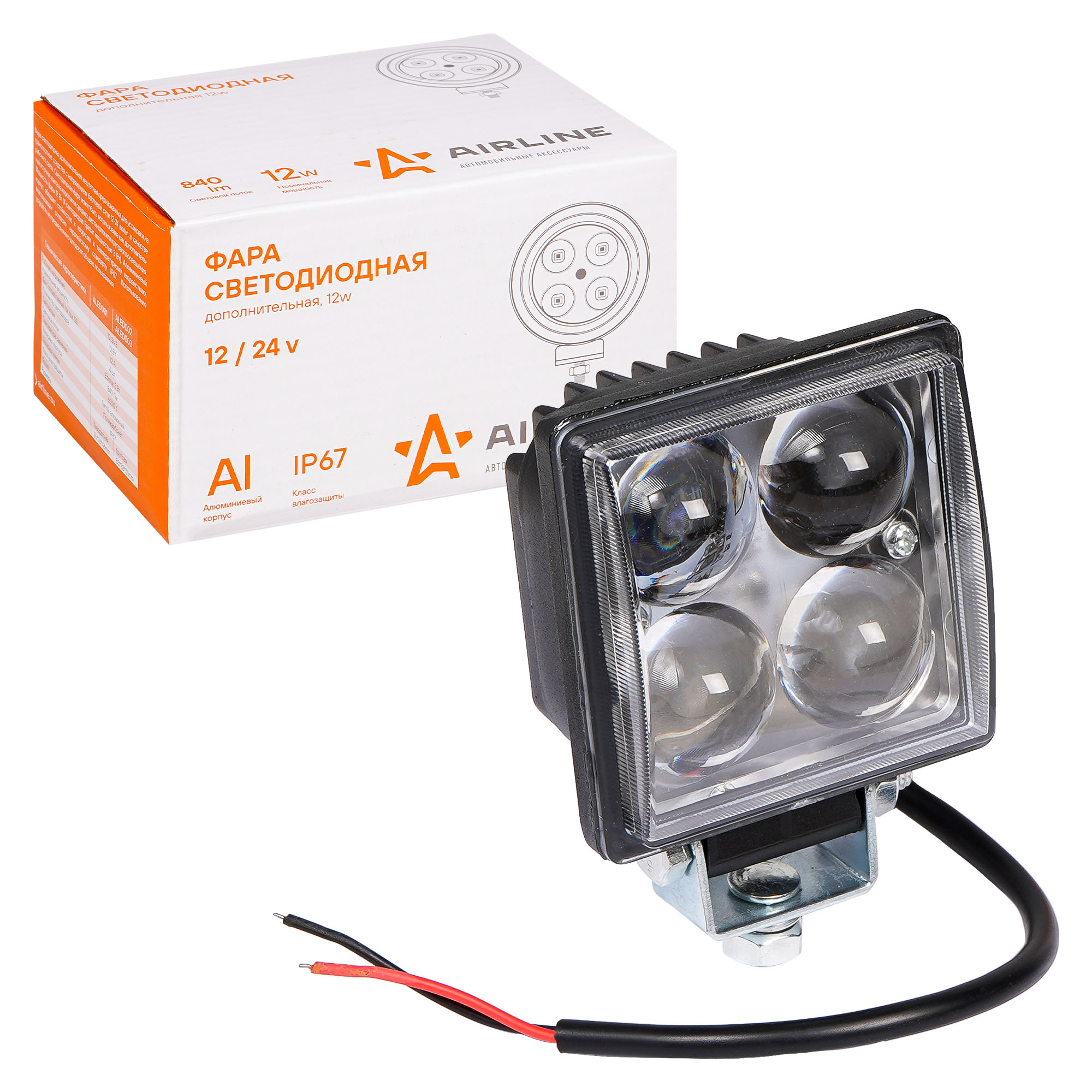 Фара светодиодная квадратная, 4 LED направленный свет, 12W, (76х76х46) 12/24V AIRLINE ALED
